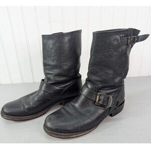 Frye Womens Veronica Short Black Leather Boots Size 7 Moto Biker Buckle Mid Calf